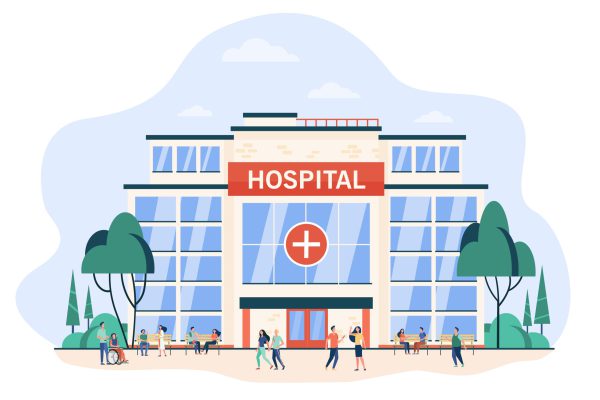 People walking and sitting at hospital building. City clinic glass exterior. Flat vector illustration for medical help, emergency, architecture, healthcare concept