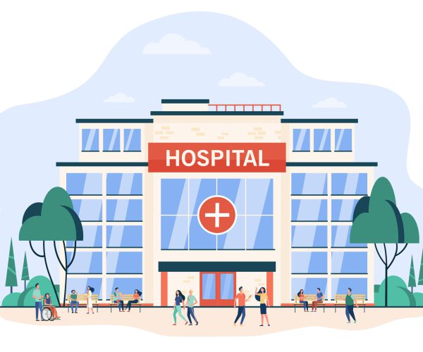 People walking and sitting at hospital building. City clinic glass exterior. Flat vector illustration for medical help, emergency, architecture, healthcare concept