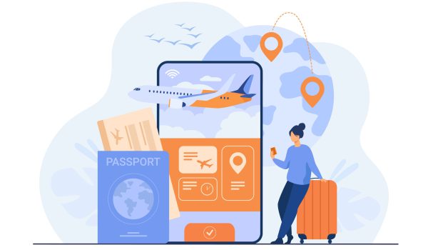 Online app for tourism. Traveler with mobile phone and passport booking or buying plane ticket. Flat illustration for vacation, digital technology, trip concept