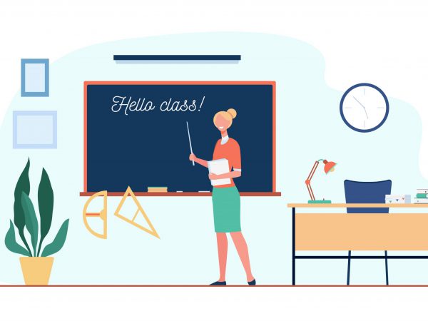 Happy teacher welcoming students in classroom, standing at blackboard with Hello Class inscription. Vector illustration for back to school, education concept