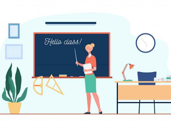 Happy teacher welcoming students in classroom Happy teacher welcoming students in classroom, standing at blackboard with Hello Class inscription. Vector illustration for back to school, education concept