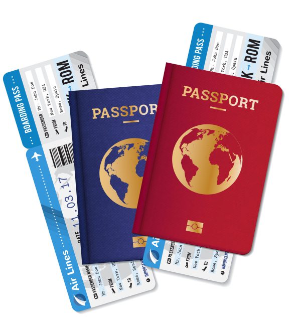 Two passports with boarding passes tickets realistic set  international air travel agency advertisement poster image vector illustration