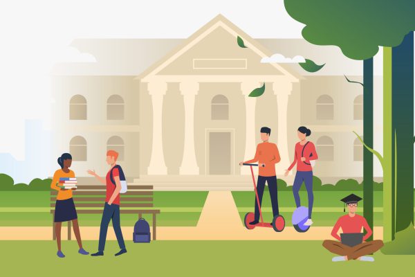Students walking and chatting in campus park. Information, university, nature concept. Vector illustration can be used for topics like knowledge, relaxation, education