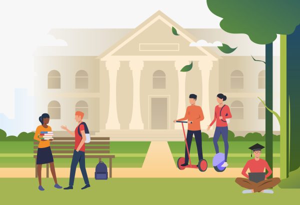 Students walking and chatting in campus park. Information, university, nature concept. Vector illustration can be used for topics like knowledge, relaxation, education