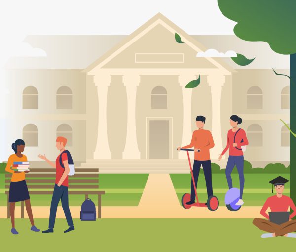 Students walking and chatting in campus park. Information, university, nature concept. Vector illustration can be used for topics like knowledge, relaxation, education