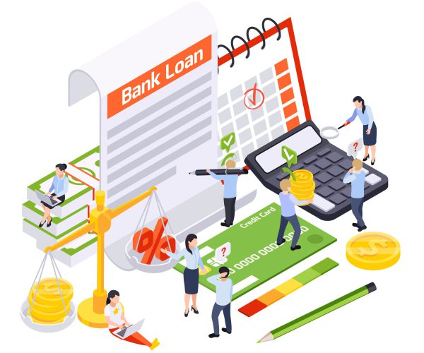 Bank loan isometric composition with icons of contract and credit card with stationery items and people vector illustration