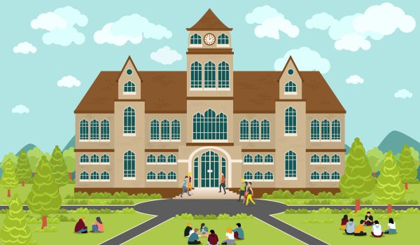 University or college building. Education student, flat campus design, graduation university, vector illustration