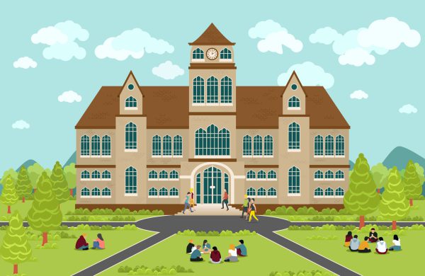 University or college building. Education student, flat campus design, graduation university, vector illustration