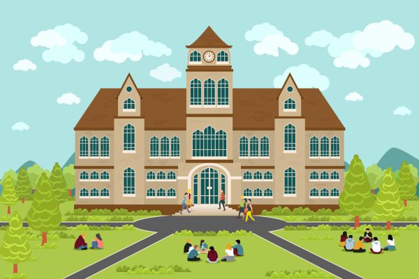 University or college building. Education student, flat campus design, graduation university, vector illustration