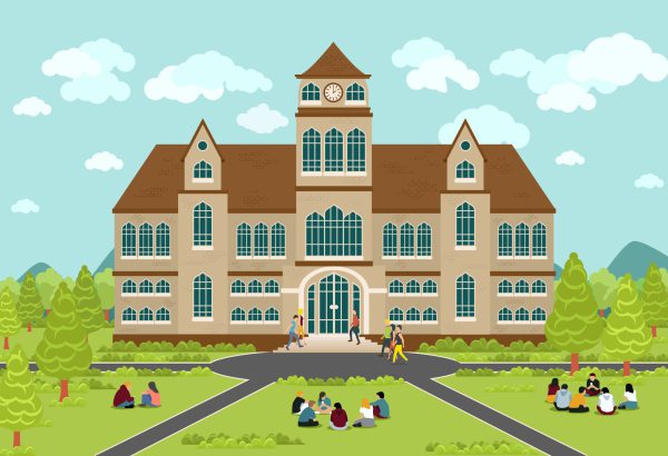 University or college building. Education student, flat campus design, graduation university, vector illustration