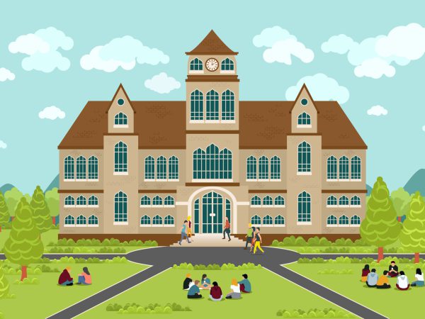 University or college building. Education student, flat campus design, graduation university, vector illustration