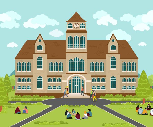 University or college building. Education student, flat campus design, graduation university, vector illustration