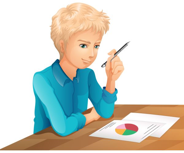 Illustration of a man taking an exam on a white background
