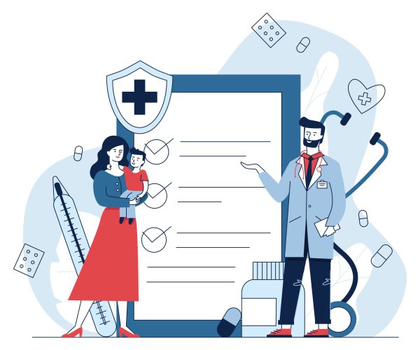 Woman with kid consulting doctor. Patient, pediatrician, medical checkup list flat vector illustration. Examination, healthcare, treatment concept for banner, website design or landing web page
