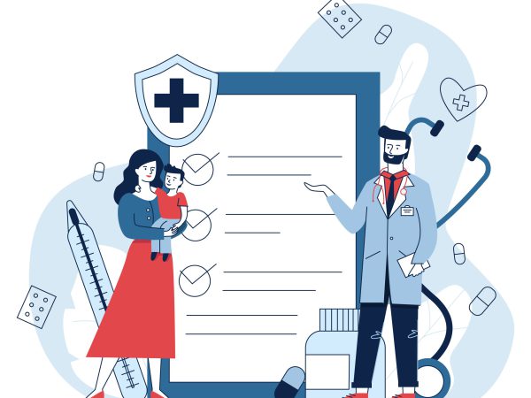 Woman with kid consulting doctor. Patient, pediatrician, medical checkup list flat vector illustration. Examination, healthcare, treatment concept for banner, website design or landing web page