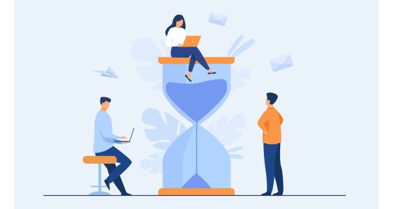 Tiny people and huge sand glass flat vector illustration. Cartoon team working together with laptops. Time management and business concept