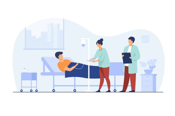 Patient lying in bed during intensive therapy isolated flat vector illustration. Cartoon doctor with clipboard and nurse with dropper. Hospital room, therapy and healthcare concept