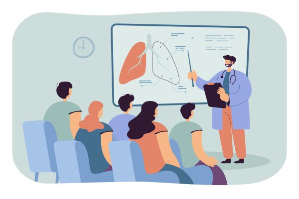 Doctor showing lungs to students flat vector illustration. Cartoon audience sitting and listening lecture on medicine or physician training. Medical conference and workshop concept