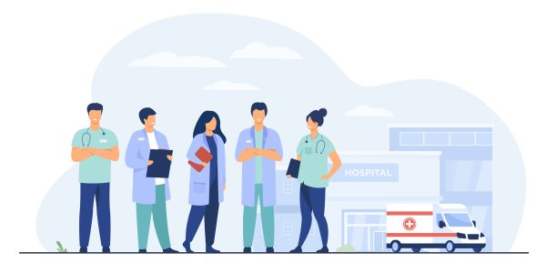 Group of doctors standing at hospital building. Team of practitioners and ambulance car in background. Vector illustration for medical staff, medicine, job, occupation concept