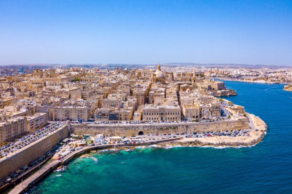 An aerial shot of the ancient city Valletta in Malta