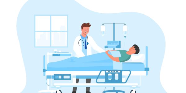 Doctor and patient medical concept. hospital patient lying in hospital bed The host doctor came to see the symptoms to evaluate the treatment. Hospital Room with Modern Equipment. Vector Illustration