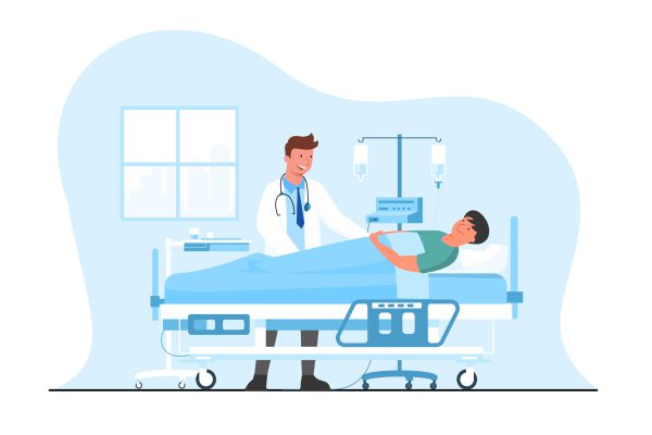 Doctor and patient medical concept. hospital patient lying in hospital bed The host doctor came to see the symptoms to evaluate the treatment. Hospital Room with Modern Equipment. Vector Illustration