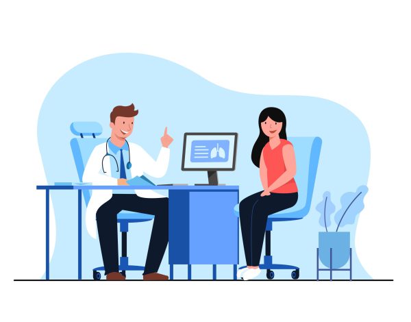 Hospital service concept flat vector illustration. The doctor examines, advises and dispenses medications to patients in the hospital examination room.