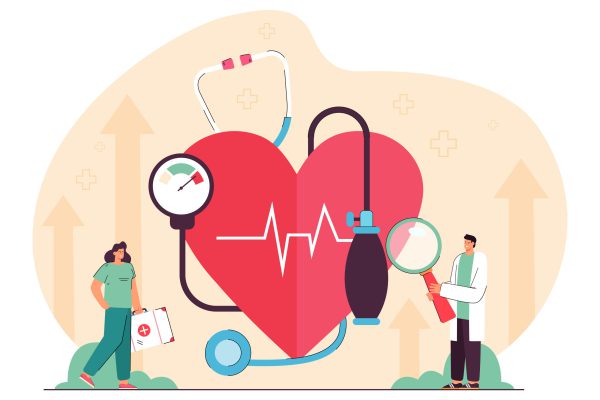 Tiny cardiology doctor and nurse examining heart, blood pressure, prescribing treatment. Medical cardiovascular checkup flat vector illustration. Anatomy, hospital, heart diseases, health care concept