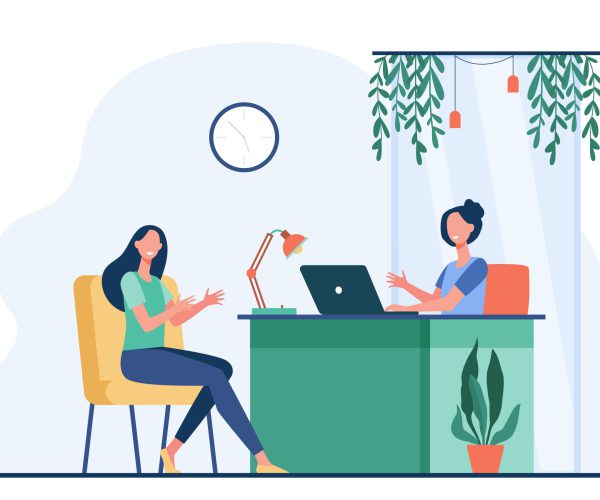 Woman characters having business conversation or meeting Woman characters having business conversation or meeting flat vector illustration. Cartoon HR manager talking with candidate for job. Interview and career concept