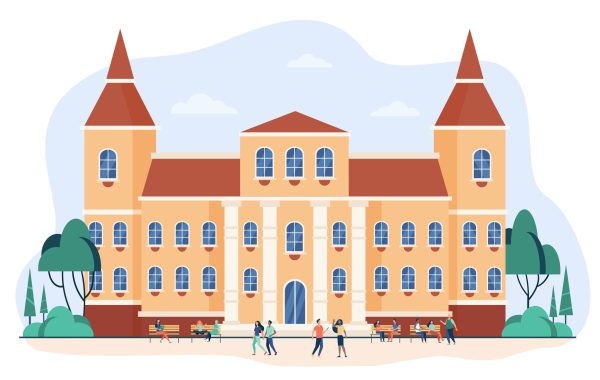 Young people walking in front of college or university flat vector illustration. Cartoon students relaxing and going near campus. Building exterior and landscape concept