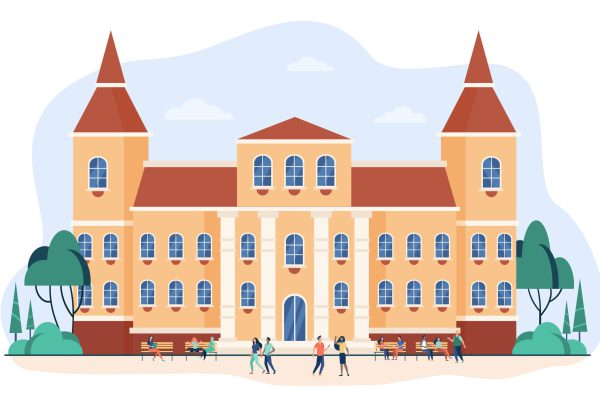 Young people walking in front of college or university flat vector illustration. Cartoon students relaxing and going near campus. Building exterior and landscape concept