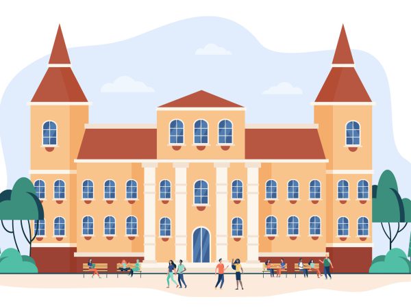 Young people walking in front of college or university flat vector illustration. Cartoon students relaxing and going near campus. Building exterior and landscape concept