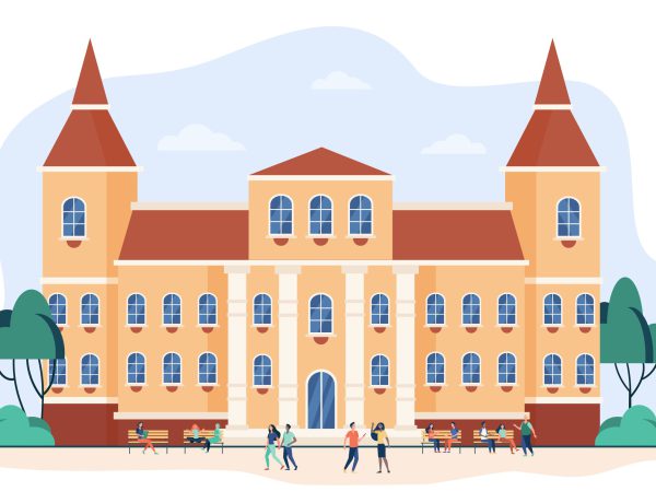 Young people walking in front of college or university flat vector illustration. Cartoon students relaxing and going near campus. Building exterior and landscape concept