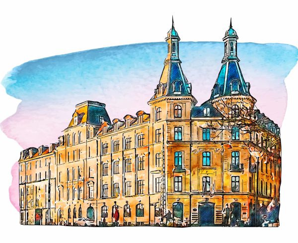 Architecture copenhagen denmark watercolor hand drawn illustration isolated on white background