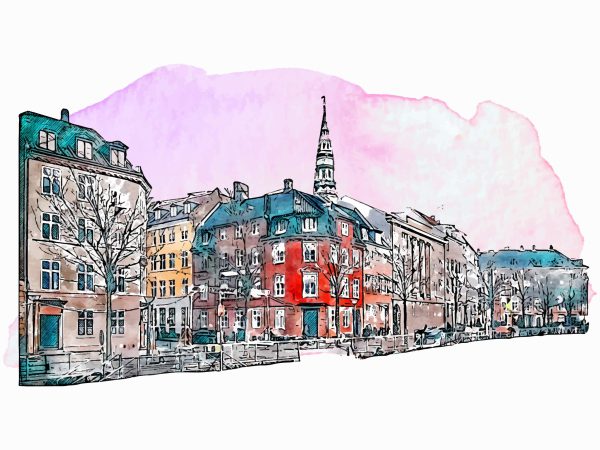 Architecture denmark watercolor hand drawn illustration isolated on white background