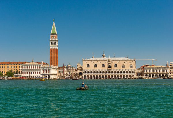 The Church of San Giorgio Maggiore surrounded by buildings and canals in Venice, Italy