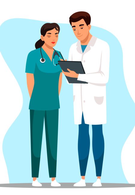 Man doctor and woman nurse stand with patient card. Medical staff in uniform study, discuss examination result, make note, therapist giving treatment recommendation prescription, putting signature