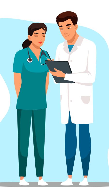 Man doctor and woman nurse stand with patient card. Medical staff in uniform study, discuss examination result, make note, therapist giving treatment recommendation prescription, putting signature