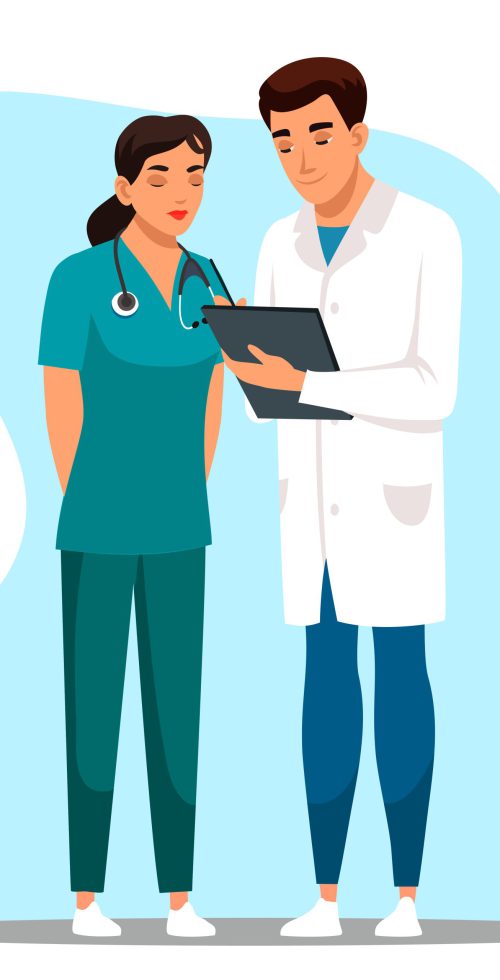 Man doctor and woman nurse stand with patient card. Medical staff in uniform study, discuss examination result, make note, therapist giving treatment recommendation prescription, putting signature