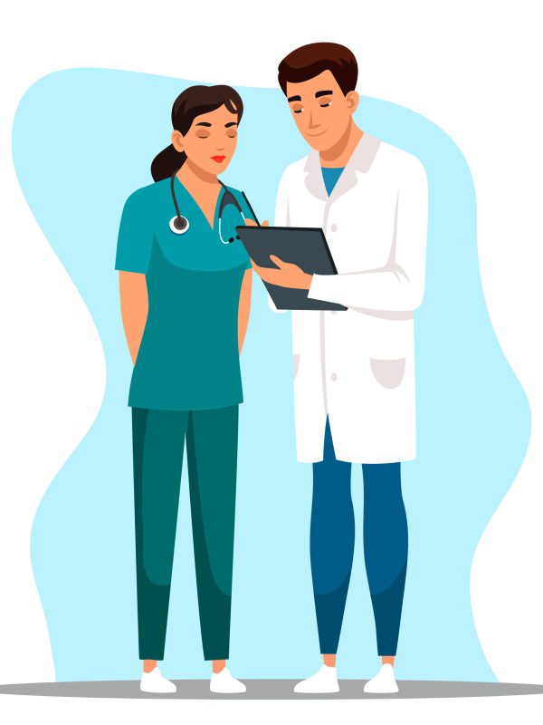 Man doctor and woman nurse stand with patient card. Medical staff in uniform study, discuss examination result, make note, therapist giving treatment recommendation prescription, putting signature