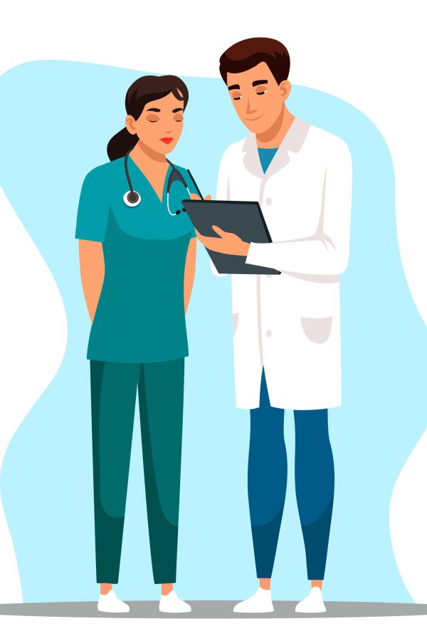 Man doctor and woman nurse stand with patient card. Medical staff in uniform study, discuss examination result, make note, therapist giving treatment recommendation prescription, putting signature