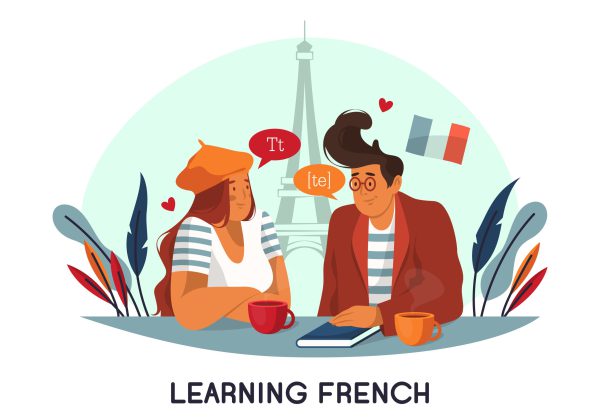 French lesson with tutor or teacher, banner or background. People speak on foreign language, communication or conversation. Study of French language and culture. Theme of education.