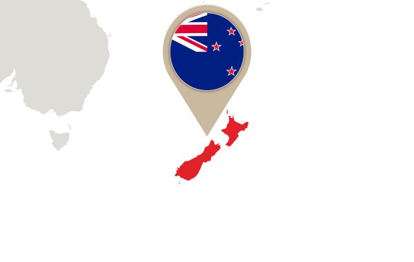 Map with highlighted New Zealand map and flag